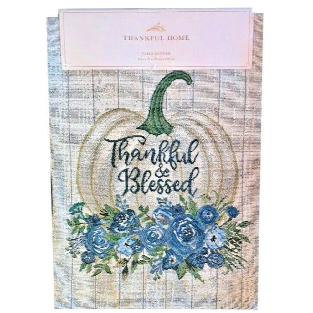 Thankful and Blessed Pumpkin Table Runner Tapestry Fall Thanksgiving Gray 13x72"